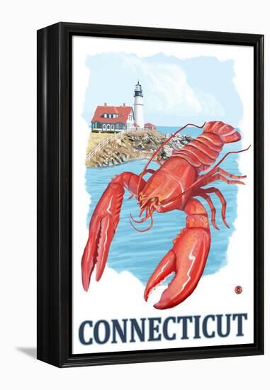 Connecticut - Lobster and Lighthouse-Lantern Press-Framed Stretched Canvas