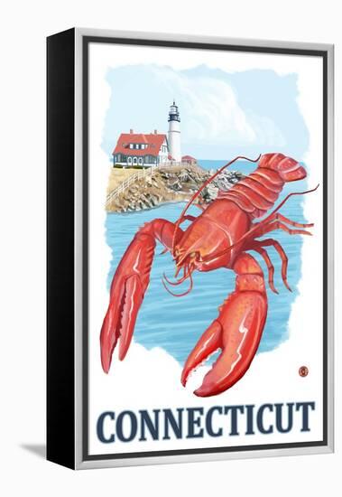 Connecticut - Lobster and Lighthouse-Lantern Press-Framed Stretched Canvas