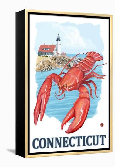 Connecticut - Lobster and Lighthouse-Lantern Press-Framed Stretched Canvas