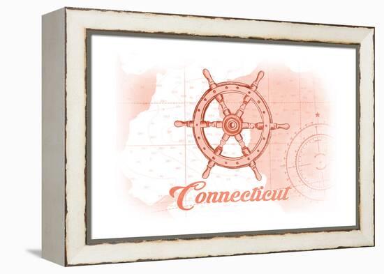 Connecticut - Ship Wheel - Coral - Coastal Icon-Lantern Press-Framed Stretched Canvas