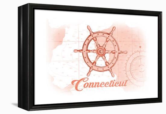 Connecticut - Ship Wheel - Coral - Coastal Icon-Lantern Press-Framed Stretched Canvas