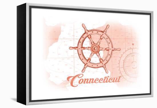 Connecticut - Ship Wheel - Coral - Coastal Icon-Lantern Press-Framed Stretched Canvas