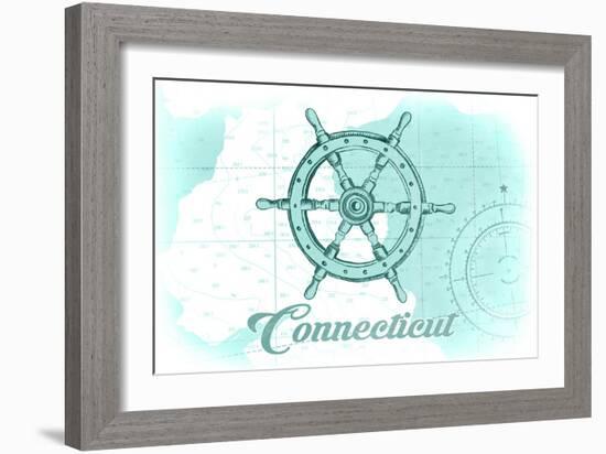 Connecticut - Ship Wheel - Teal - Coastal Icon-Lantern Press-Framed Art Print