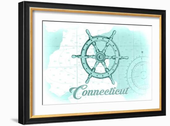 Connecticut - Ship Wheel - Teal - Coastal Icon-Lantern Press-Framed Art Print