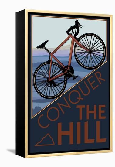 Conquer the Hill - Mountain Bike-Lantern Press-Framed Stretched Canvas