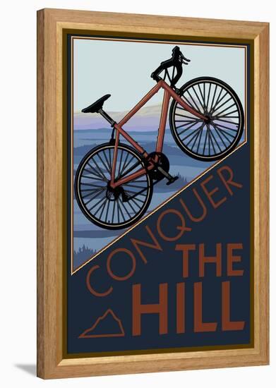 Conquer the Hill - Mountain Bike-Lantern Press-Framed Stretched Canvas