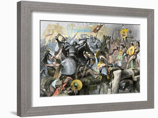 Conquest of the Aztec Capital Tenochtitlan by the Spanish Army of Hernando Cortes, c.1500-null-Framed Giclee Print