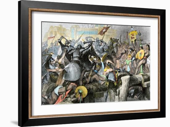 Conquest of the Aztec Capital Tenochtitlan by the Spanish Army of Hernando Cortes, c.1500-null-Framed Giclee Print