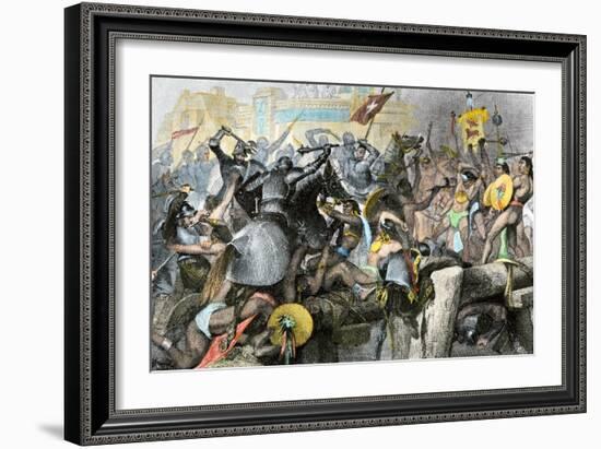 Conquest of the Aztec Capital Tenochtitlan by the Spanish Army of Hernando Cortes, c.1500-null-Framed Giclee Print