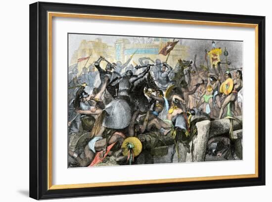 Conquest of the Aztec Capital Tenochtitlan by the Spanish Army of Hernando Cortes, c.1500-null-Framed Giclee Print