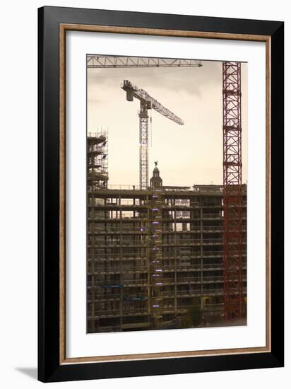 Construction Cranes and Liver Bird, Liverpool, Merseyside, England, UK-Paul McMullin-Framed Photo