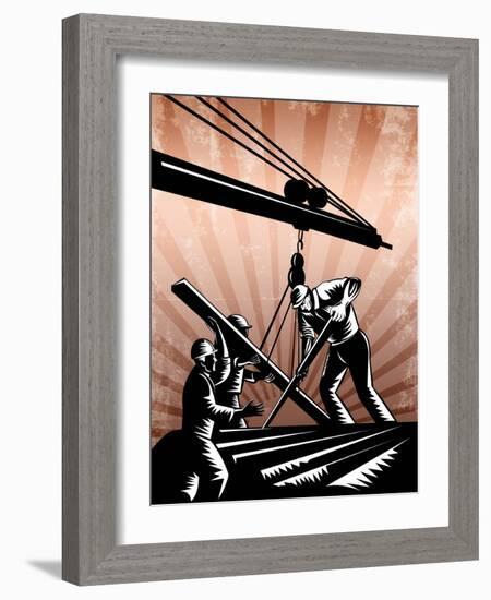 Construction Team Workers Woodcut Retro Poster-patrimonio-Framed Art Print