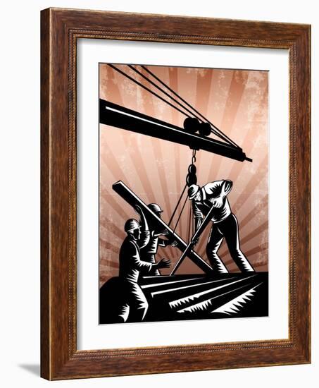 Construction Team Workers Woodcut Retro Poster-patrimonio-Framed Art Print