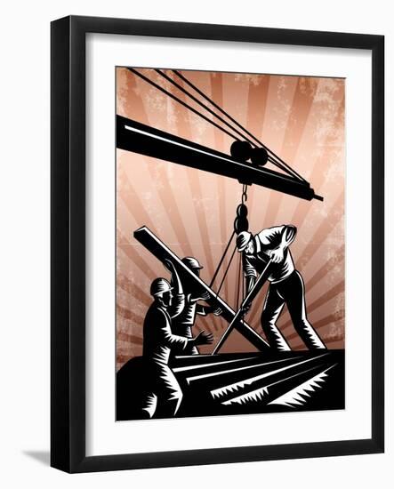 Construction Team Workers Woodcut Retro Poster-patrimonio-Framed Art Print