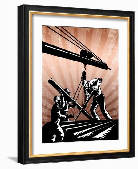 Construction Team Workers Woodcut Retro Poster-patrimonio-Framed Art Print