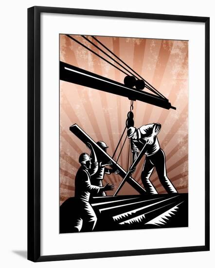 Construction Team Workers Woodcut Retro Poster-patrimonio-Framed Art Print