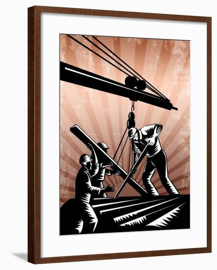 Construction Team Workers Woodcut Retro Poster-patrimonio-Framed Art Print