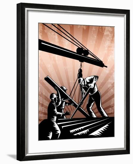 Construction Team Workers Woodcut Retro Poster-patrimonio-Framed Art Print