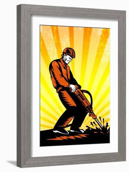 Construction Worker Jackhammer Retro Poster-patrimonio-Framed Art Print