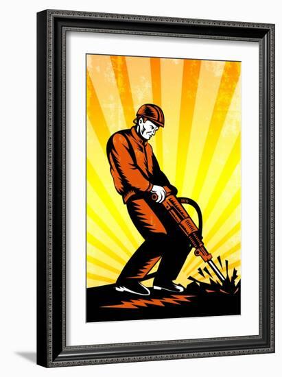Construction Worker Jackhammer Retro Poster-patrimonio-Framed Art Print