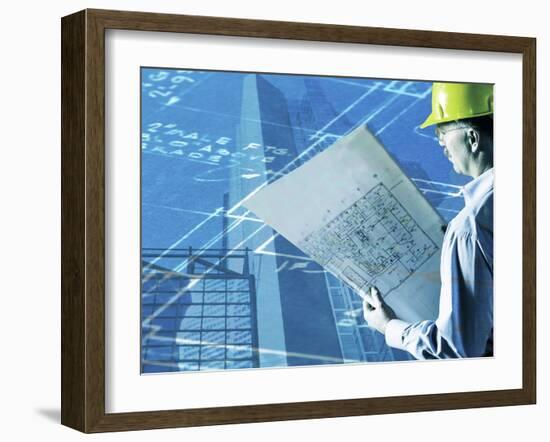 Construction Worker Reviewing a Drafting Plan-null-Framed Photographic Print