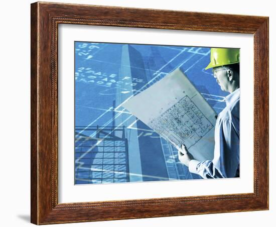 Construction Worker Reviewing a Drafting Plan-null-Framed Photographic Print