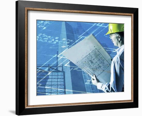 Construction Worker Reviewing a Drafting Plan-null-Framed Photographic Print