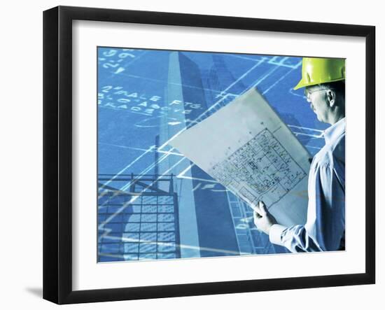 Construction Worker Reviewing a Drafting Plan-null-Framed Photographic Print