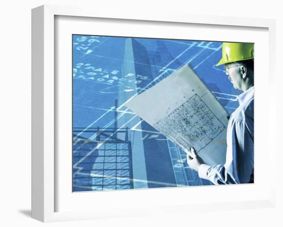 Construction Worker Reviewing a Drafting Plan-null-Framed Photographic Print