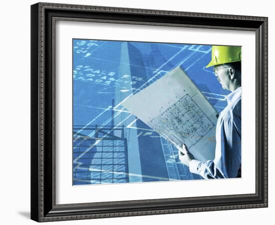 Construction Worker Reviewing a Drafting Plan-null-Framed Photographic Print