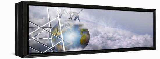 Construction Workers Attaching a Crane to Earth with Clouds-null-Framed Premier Image Canvas