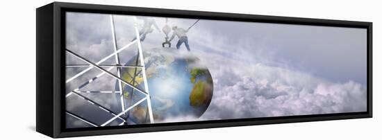 Construction Workers Attaching a Crane to Earth with Clouds-null-Framed Premier Image Canvas