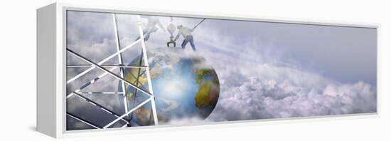 Construction Workers Attaching a Crane to Earth with Clouds-null-Framed Premier Image Canvas