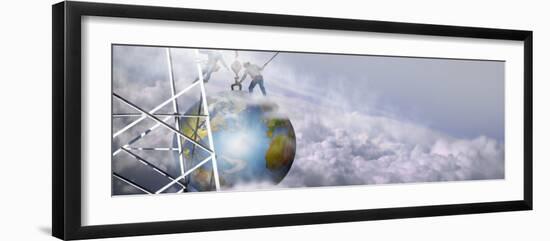 Construction Workers Attaching a Crane to Earth with Clouds-null-Framed Photographic Print