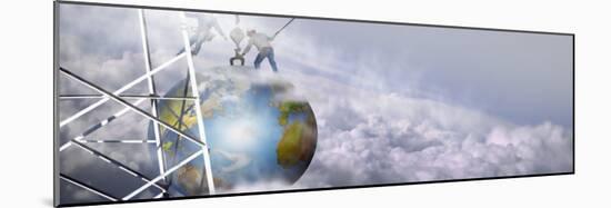 Construction Workers Attaching a Crane to Earth with Clouds-null-Mounted Photographic Print