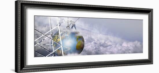 Construction Workers Attaching a Crane to Earth with Clouds-null-Framed Photographic Print