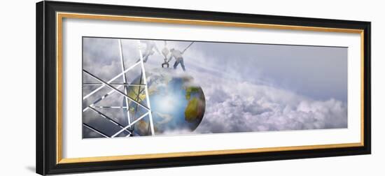 Construction Workers Attaching a Crane to Earth with Clouds-null-Framed Photographic Print