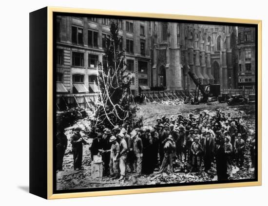 Construction Workers Line up for Pay Beside the First Rockefeller Center Christmas Tree-null-Framed Premier Image Canvas