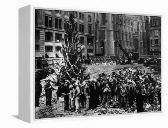 Construction Workers Line up for Pay Beside the First Rockefeller Center Christmas Tree-null-Framed Premier Image Canvas