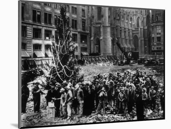 Construction Workers Line up for Pay Beside the First Rockefeller Center Christmas Tree-null-Mounted Photographic Print