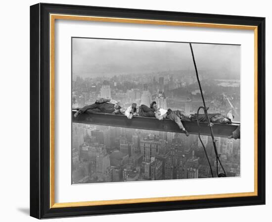 Construction Workers Resting on Steel Beam above Manhattan-null-Framed Photographic Print