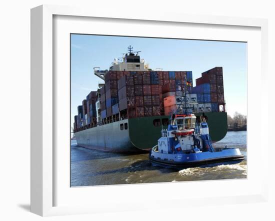 Container Ship on the River Elbe, Hamburg, Germany, Europe-Hans Peter Merten-Framed Photographic Print