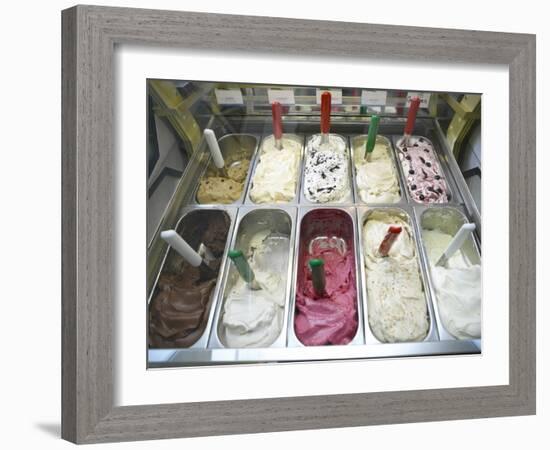 Containers of Gelato Displayed in Freezer-null-Framed Photographic Print