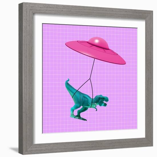 Contemporary Art Collage, Modern Design. Modern Express Delivery. Pink Flying Saucer Delivering Toy-master1305-Framed Photographic Print