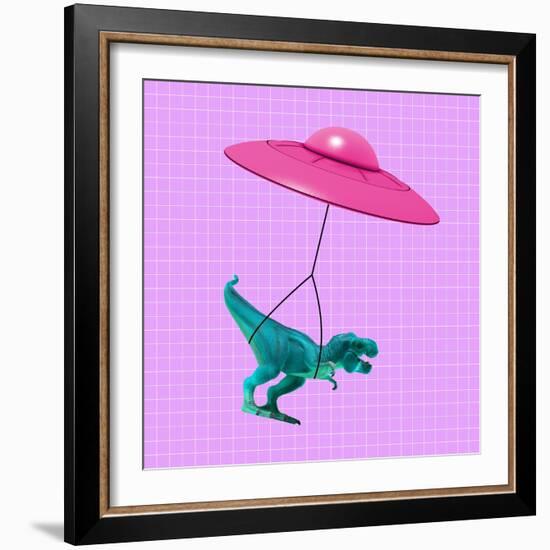 Contemporary Art Collage, Modern Design. Modern Express Delivery. Pink Flying Saucer Delivering Toy-master1305-Framed Photographic Print