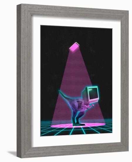 Contemporary Art Collage of Retro Dinosaur with Old Computer Screet Isoated over Dark Neon Backgrou-master1305-Framed Photographic Print