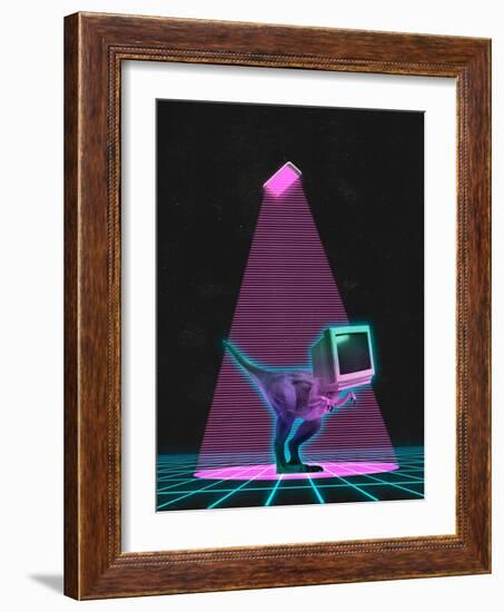 Contemporary Art Collage of Retro Dinosaur with Old Computer Screet Isoated over Dark Neon Backgrou-master1305-Framed Photographic Print