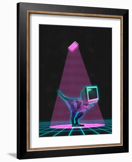 Contemporary Art Collage of Retro Dinosaur with Old Computer Screet Isoated over Dark Neon Backgrou-master1305-Framed Photographic Print