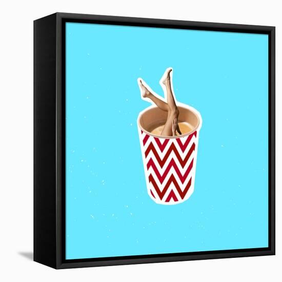 Contemporary Art Collage of Slim Female Legs Sticking out Coffee Isolated over Blue Background-master1305-Framed Premier Image Canvas