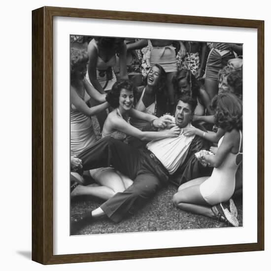 Contest Judge Ken Murray Being Wrestled to the Ground by Contestants in Beauty Pageant-Peter Stackpole-Framed Photographic Print